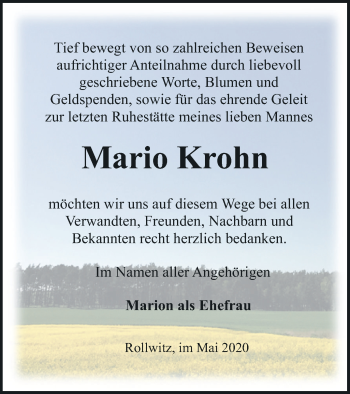 Traueranzeige von Mario Krohn von Pasewalker Zeitung