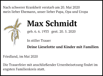 Traueranzeige von Max Schmidt von Neubrandenburger Zeitung