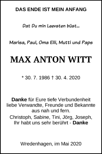 Traueranzeige von Max Anton Witt von Müritz-Zeitung