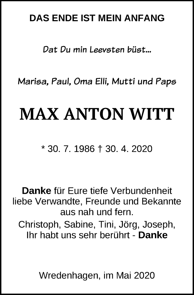  Traueranzeige für Max Anton Witt vom 23.05.2020 aus Müritz-Zeitung