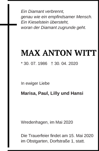 Traueranzeige von Max Anton Witt von Müritz-Zeitung