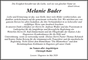 Traueranzeige von Melanie Bader von Hagenower Kreisblatt