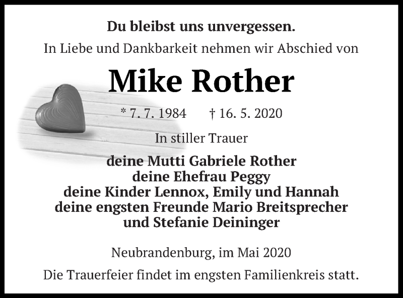  Traueranzeige für Mike Rother vom 22.05.2020 aus Neubrandenburger Zeitung