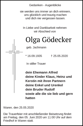 Traueranzeige von Olga Gödecker von Müritz-Zeitung