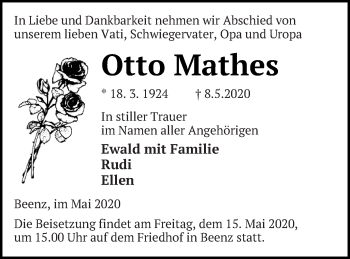 Traueranzeige von Otto Mathes von Templiner Zeitung