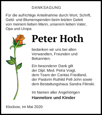 Traueranzeige von Peter Hoth von Neubrandenburger Zeitung