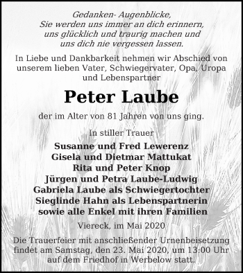 Traueranzeige von Peter Laube von Prenzlauer Zeitung