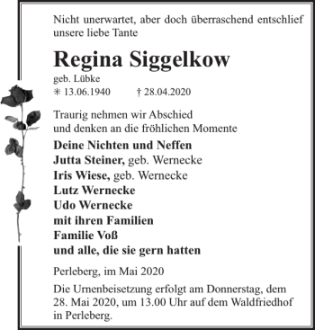 Traueranzeige von Regina Siggelkow von Der Prignitzer