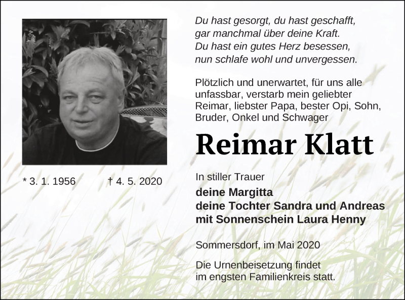  Traueranzeige für Reimar Klatt vom 08.05.2020 aus Demminer Zeitung
