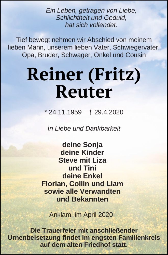  Traueranzeige für Reiner Reuter vom 02.05.2020 aus Vorpommern Kurier