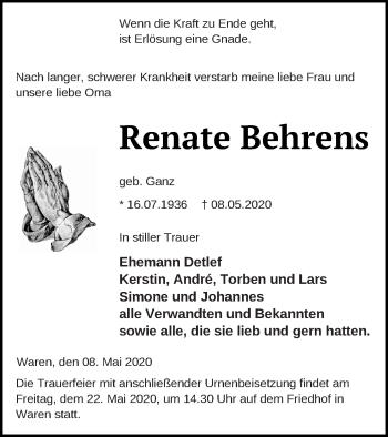 Traueranzeige von Renate Behrens von Müritz-Zeitung