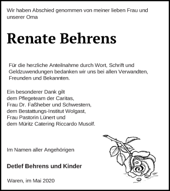 Traueranzeige von Renate Behrens von Müritz-Zeitung