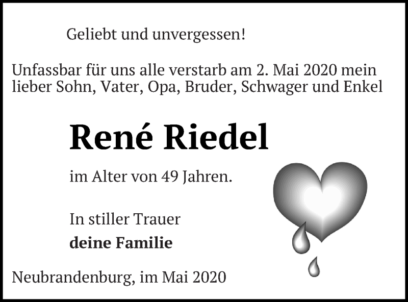  Traueranzeige für Rene Riedel vom 07.05.2020 aus Neubrandenburger Zeitung