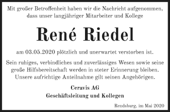 Traueranzeige von Rene Riedel von Neubrandenburger Zeitung