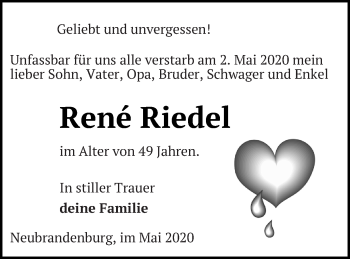 Traueranzeige von Rene Riedel von Neubrandenburger Zeitung