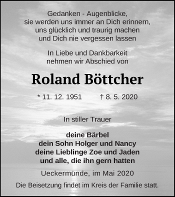 Traueranzeige von Roland Böttcher von Haff-Zeitung