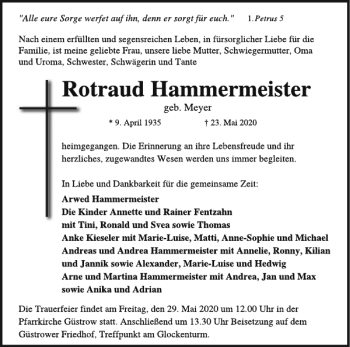 Traueranzeige von Rotraud Hammermeister von Güstrower Anzeiger