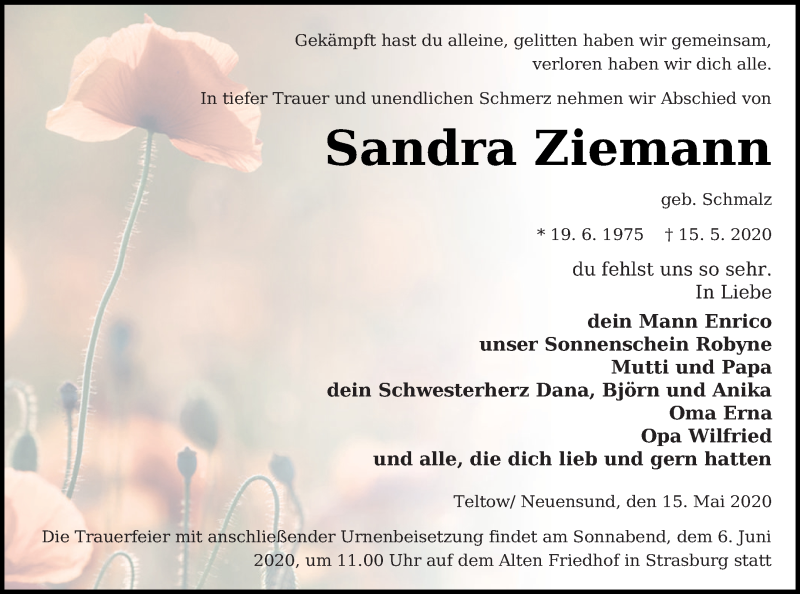  Traueranzeige für Sandra Ziemann vom 26.05.2020 aus Neubrandenburger Zeitung