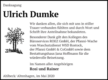 Traueranzeige von Ulrich Dumke von Neubrandenburger Zeitung