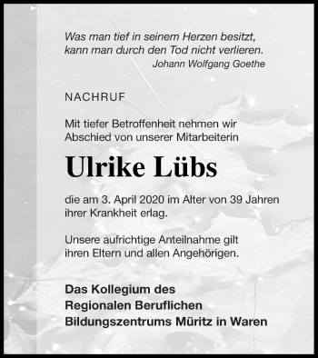 Traueranzeige von Ulrike Lübs von Müritz-Zeitung