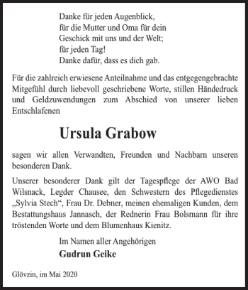 Traueranzeige von Ursula Grabow von Der Prignitzer