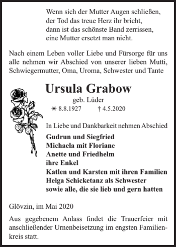 Traueranzeige von Ursula Grabow von Der Prignitzer