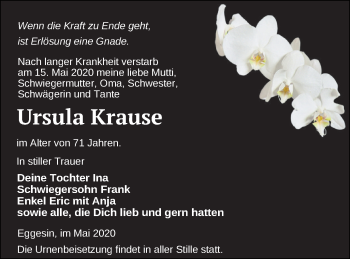 Traueranzeige von Ursula Krause von Haff-Zeitung
