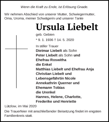 Traueranzeige von Ursula Liebelt von Prenzlauer Zeitung