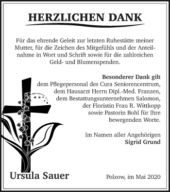 Traueranzeige von Ursula Sauer von Pasewalker Zeitung