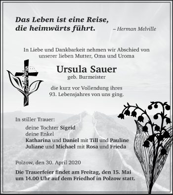 Traueranzeige von Ursula Sauer von Pasewalker Zeitung