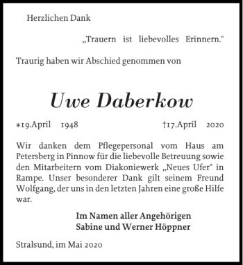 Traueranzeige von Uwe Daberkow von Zeitung für die Landeshauptstadt