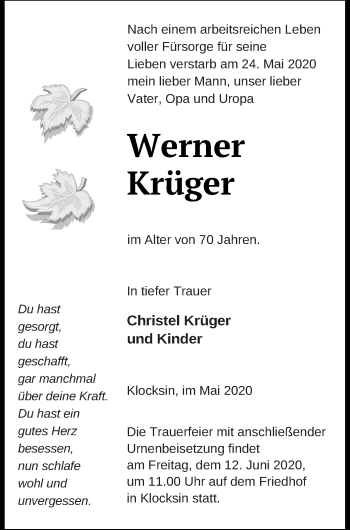 Traueranzeige von Werner Krüger von Müritz-Zeitung