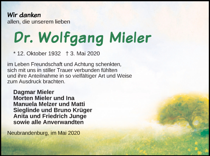  Traueranzeige für Wolfgang Mieler vom 23.05.2020 aus Neubrandenburger Zeitung