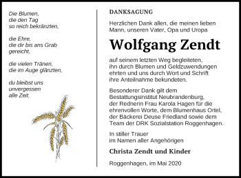 Traueranzeige von Wolfgang Zendt von Neubrandenburger Zeitung