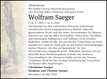 Traueranzeige von Wolfram Saeger von Haff-Zeitung