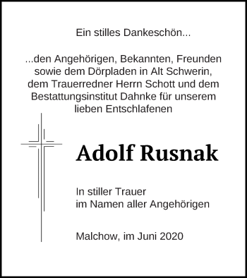 Traueranzeige von Adolf Rusnak von Müritz-Zeitung