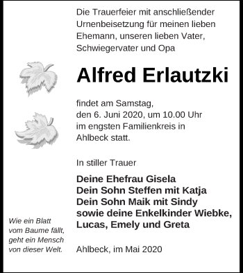 Traueranzeige von Alfred Erlautzki von Haff-Zeitung