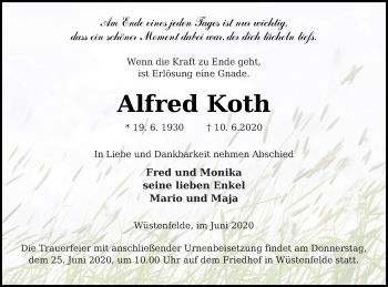 Traueranzeige von Alfred Koth von Vorpommern Kurier