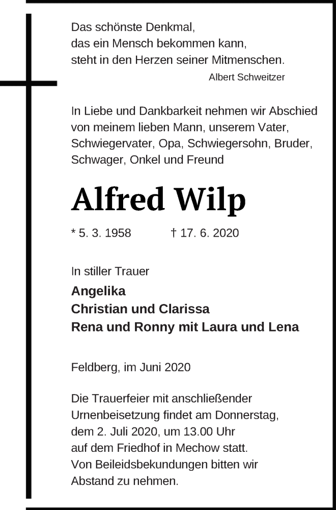  Traueranzeige für Alfred Wilp vom 23.06.2020 aus Strelitzer Zeitung