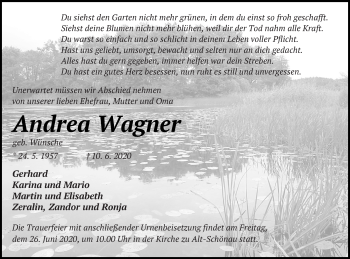 Traueranzeige von Andrea Wagner von Müritz-Zeitung