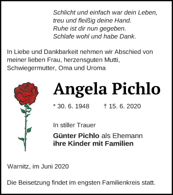 Traueranzeige von Angela Pichlo von Prenzlauer Zeitung