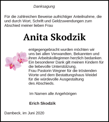 Traueranzeige von Anita Skodzik von Müritz-Zeitung