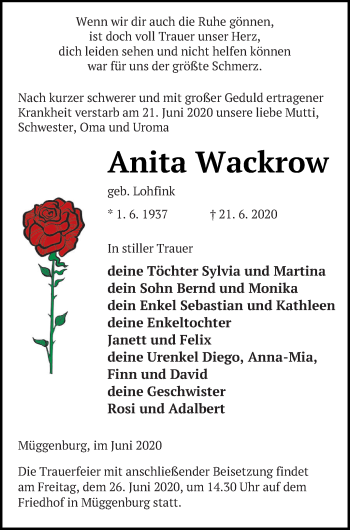 Traueranzeige von Anita Wackrow von Haff-Zeitung