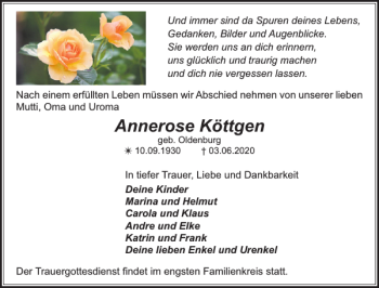 Traueranzeige von Annerose Köttgen von Gadebusch-Rehnaer Zeitung