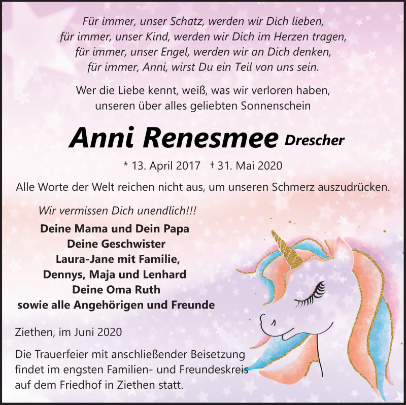  Traueranzeige für Anni  Renesmee Drescher vom 13.06.2020 aus Vorpommern Kurier