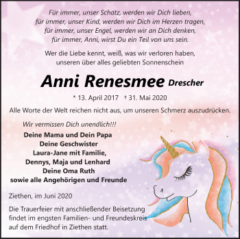 Traueranzeige von Anni  Renesmee Drescher von Vorpommern Kurier