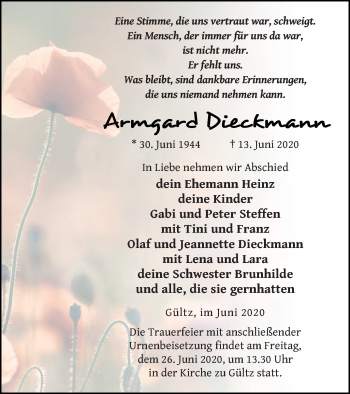 Traueranzeige von Armgard Dieckmann von Neubrandenburger Zeitung