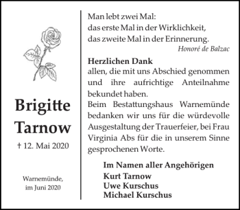 Traueranzeige von Brigi e Tarnow von Norddeutsche Neueste Nachrichten