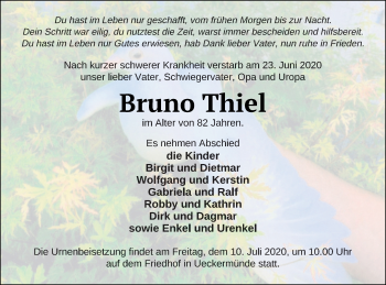 Traueranzeige von Bruno Thiel von Haff-Zeitung