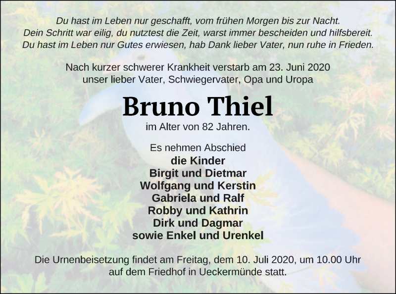  Traueranzeige für Bruno Thiel vom 27.06.2020 aus Haff-Zeitung